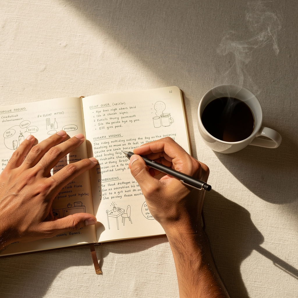 Persona escribiendo en un diario de reflexión sobre sus compras del día