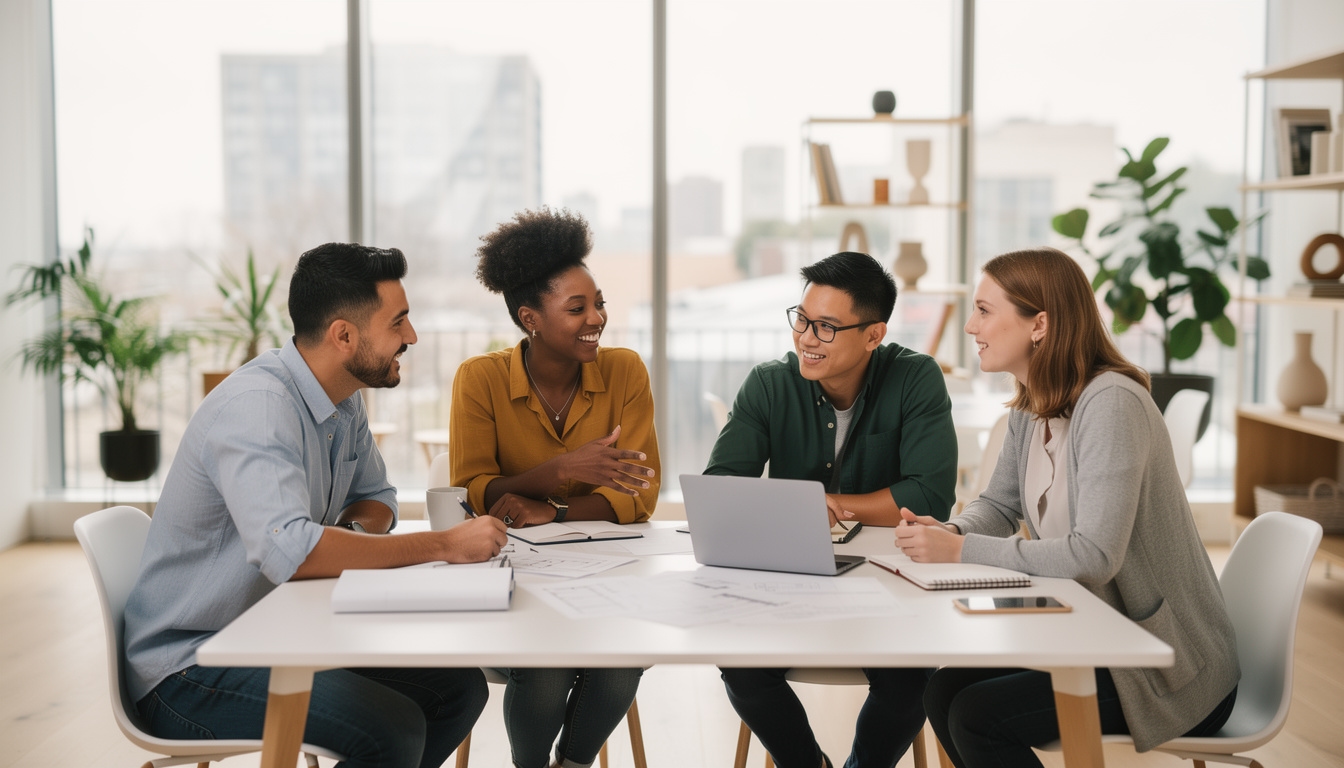 Equipo de Plentivu reunido alrededor de una mesa de trabajo con materiales educativos y notas