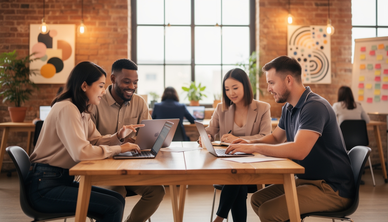 Grupo diverso de personas jóvenes adultas en un espacio de coworking, aprendiendo juntos con laptops y notas, ambiente cálido y colaborativo