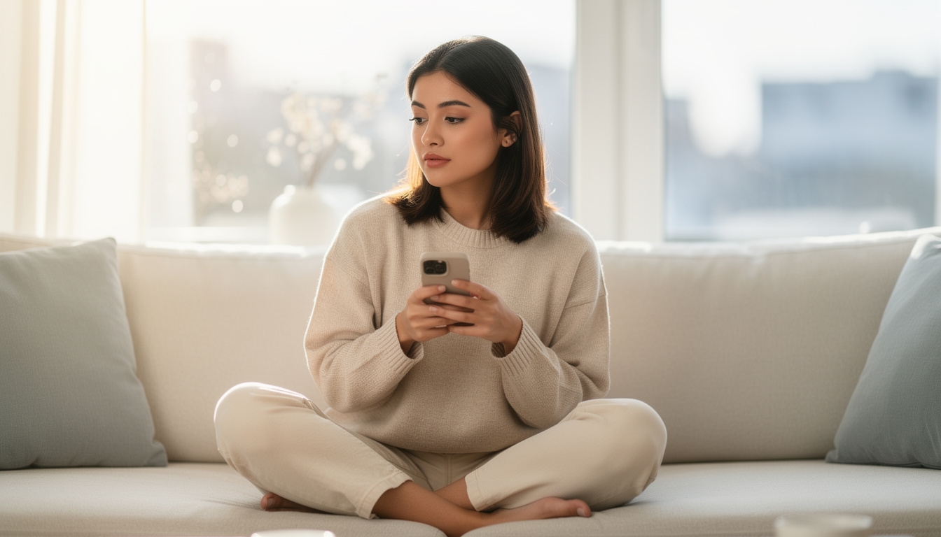 Mujer joven revisando sus gastos en una aplicación móvil con expresión reflexiva y tranquila