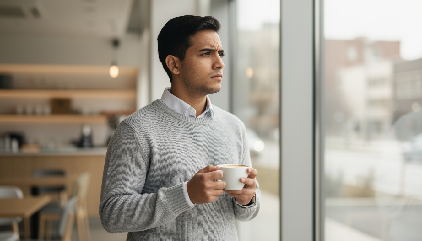 Joven adulto con café en mano mirando pensativo hacia afuera de una ventana en un espacio tranquilo