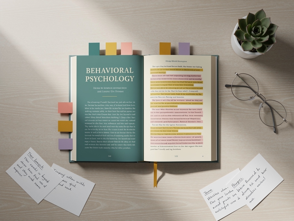 Libro abierto de psicología conductual con marcadores de colores sobre escritorio iluminado naturalmente